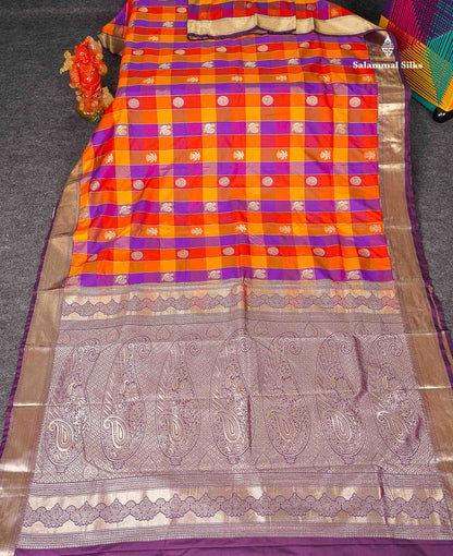 Semi Silk Saree - Paalum Pazham Checks With Traditional Buttas & Dark Purple Border 