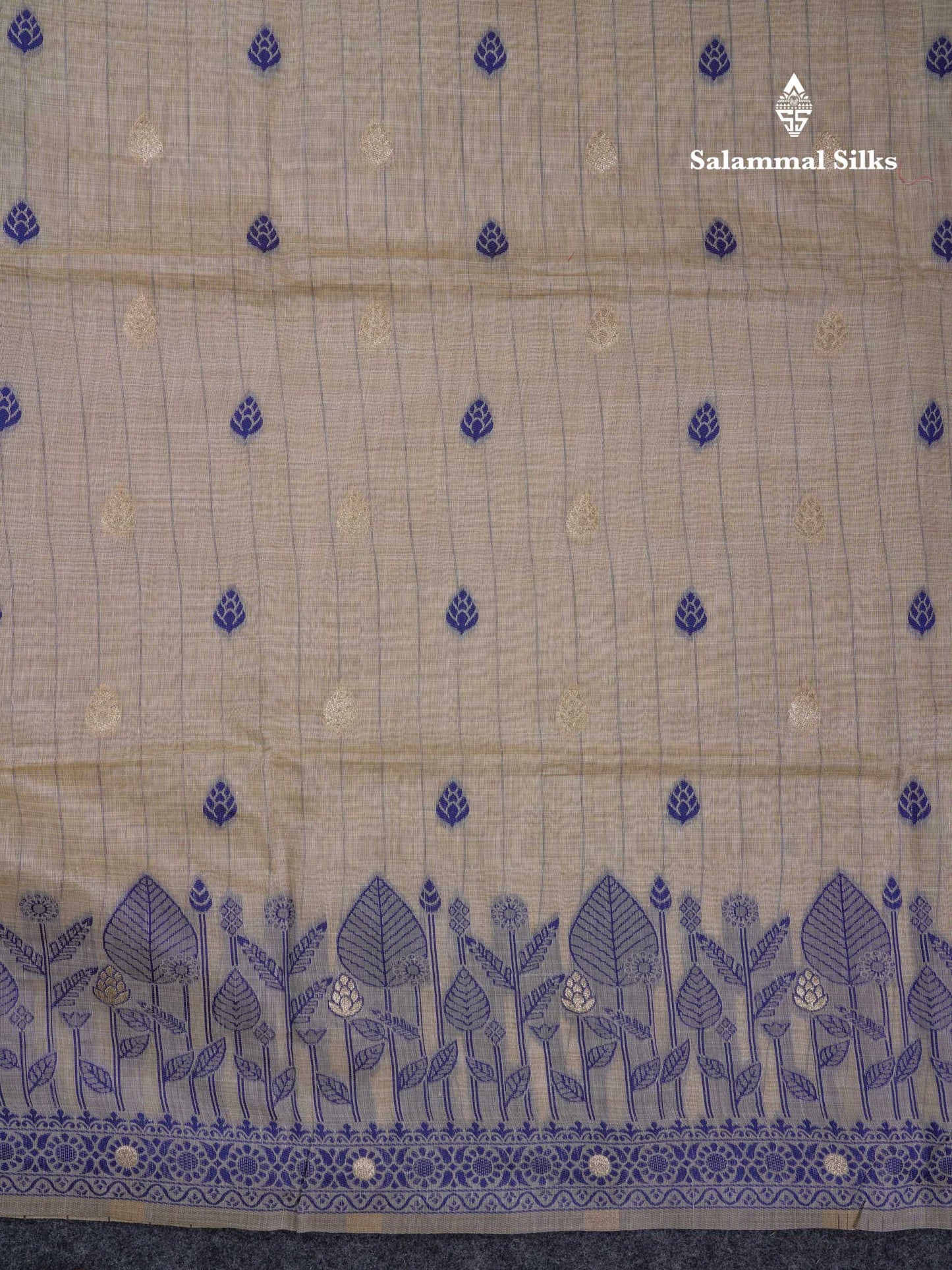 Beautiful Cream Sandal Cotton Mix Saree With Contrast Ramar Blue Fancy Border