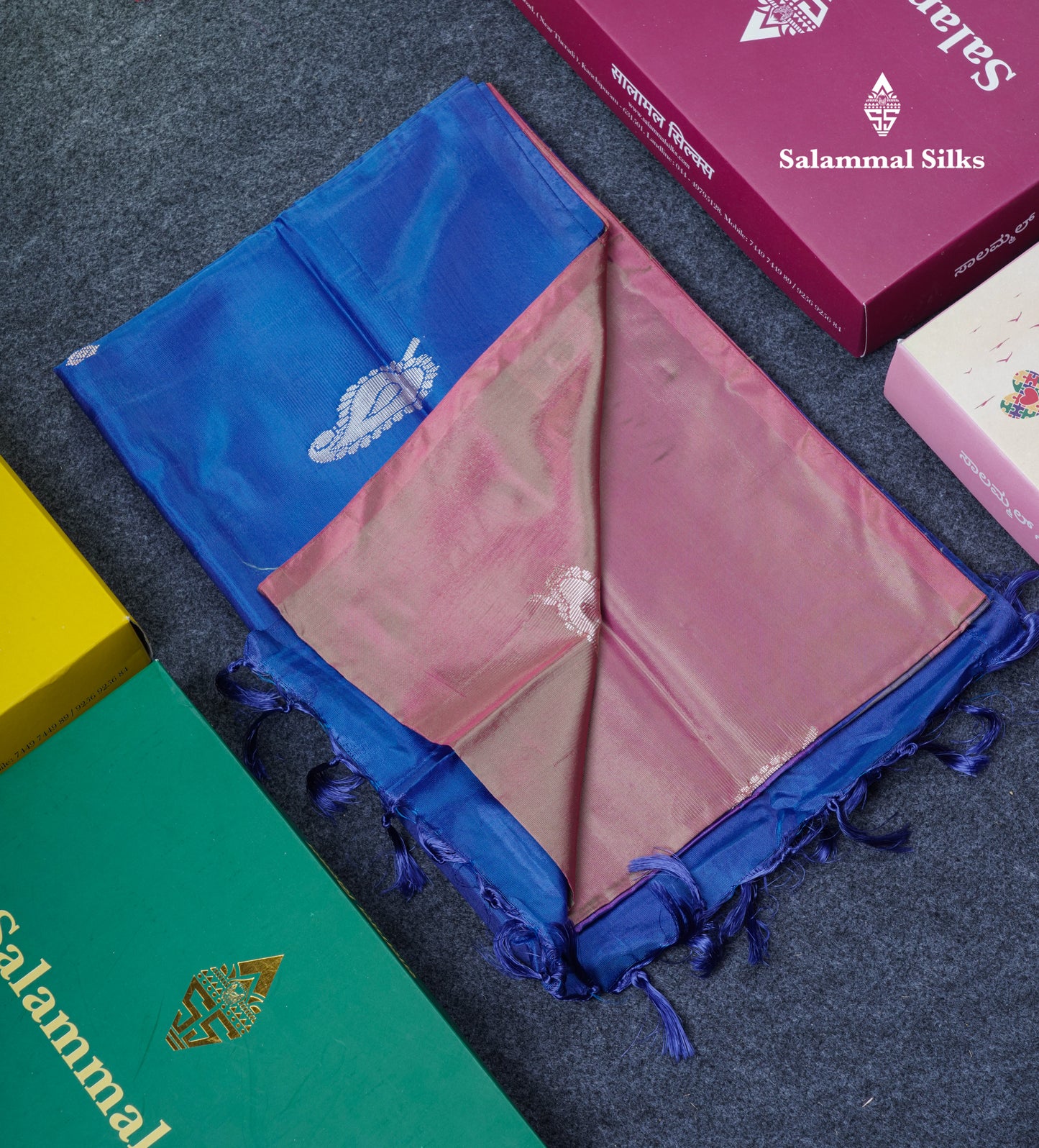 Dual Tone Pinkish Brown Thread work Buttas Banana Pinth Saree (Vaazhainaar Pattu) With Contrast Violet Blouse