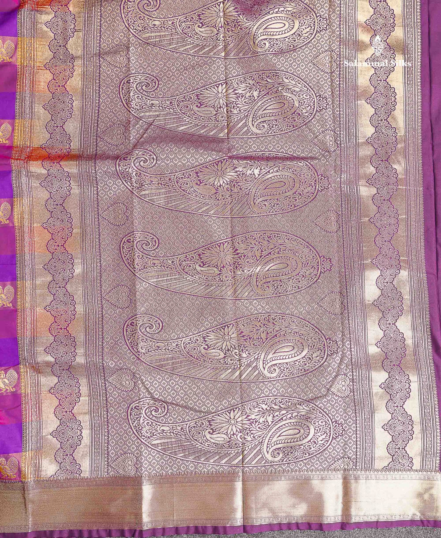 Semi Silk Saree - Paalum Pazham Checks With Traditional Buttas & Dark Purple Border