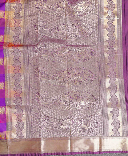Semi Silk Saree - Paalum Pazham Checks With Traditional Buttas & Dark Purple Border