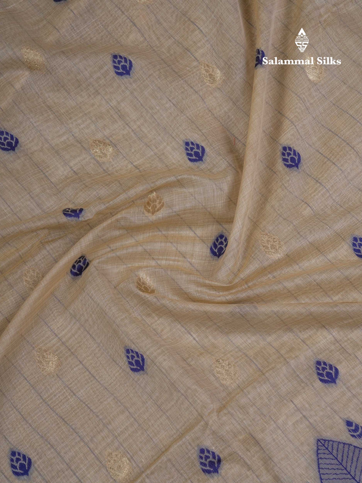 Beautiful Cream Sandal Cotton Mix Saree With Contrast Ramar Blue Fancy Border