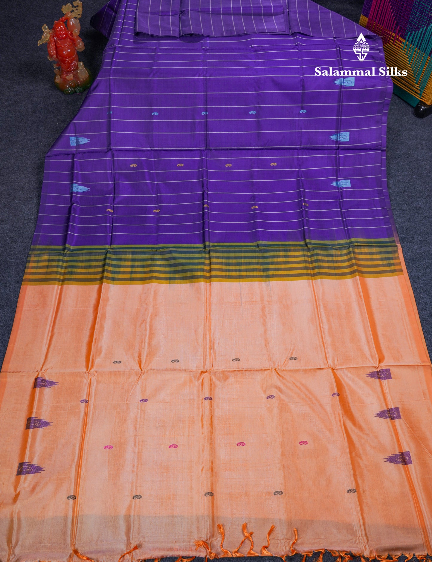 Violet Thread work Buttas & Lines Banana Pinth Saree (Vaazhainaar Pattu) With Contrast Orange Blouse