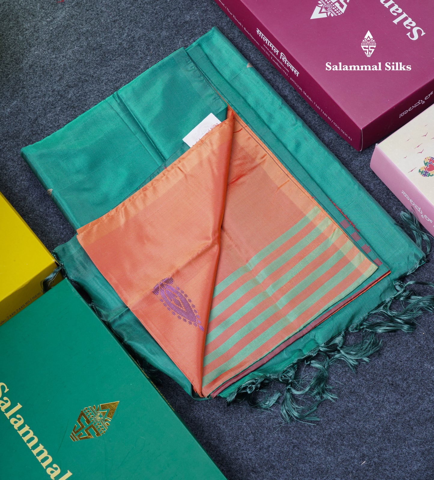 Orange Thread work Buttas Banana Pinth Saree (Vaazhainaar Pattu) With Contrast Green Blouse