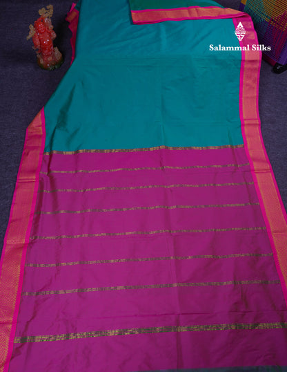 11 Yards Semi Silk Saree Peacock Blue with Contrast Pink Traditional Border