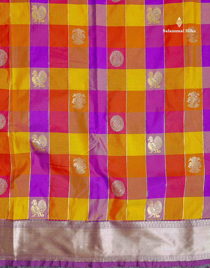 Semi Silk Saree - Paalum Pazham Checks With Traditional Buttas & Dark Purple Border