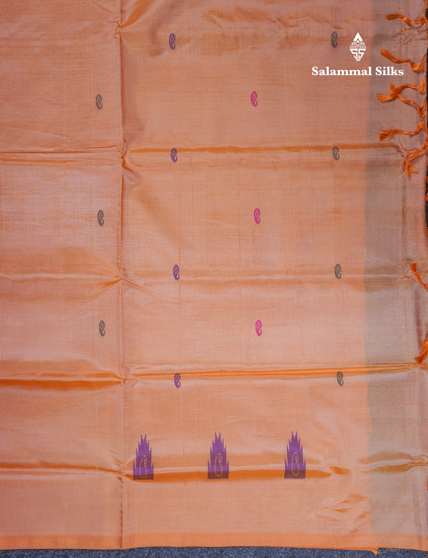 Violet Thread work Buttas & Lines Banana Pinth Saree (Vaazhainaar Pattu) With Contrast Orange Blouse