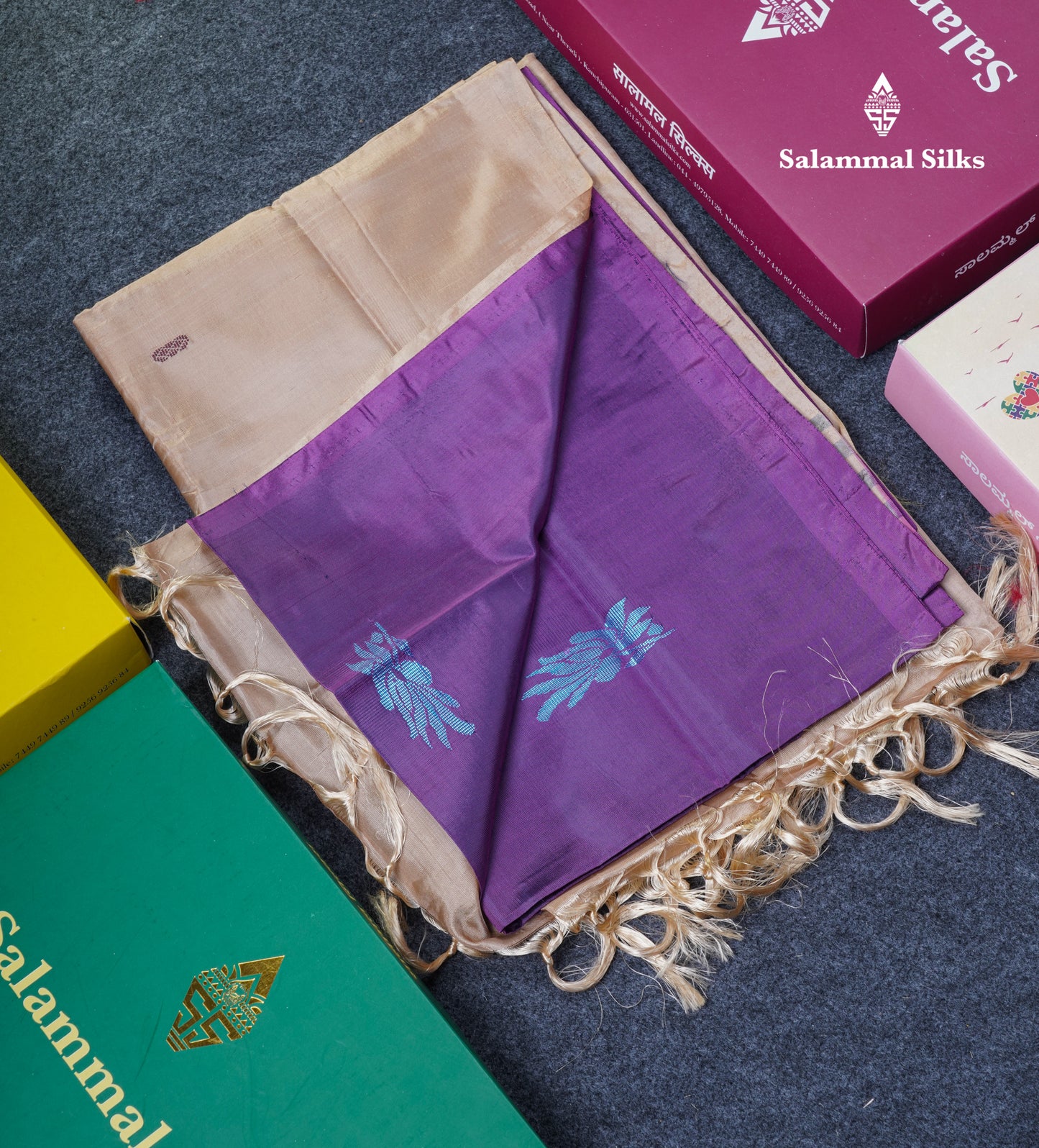 Purple Thread work Buttas Banana Pinth Saree (Vaazhainaar Pattu) With Contrast Sandal Blouse