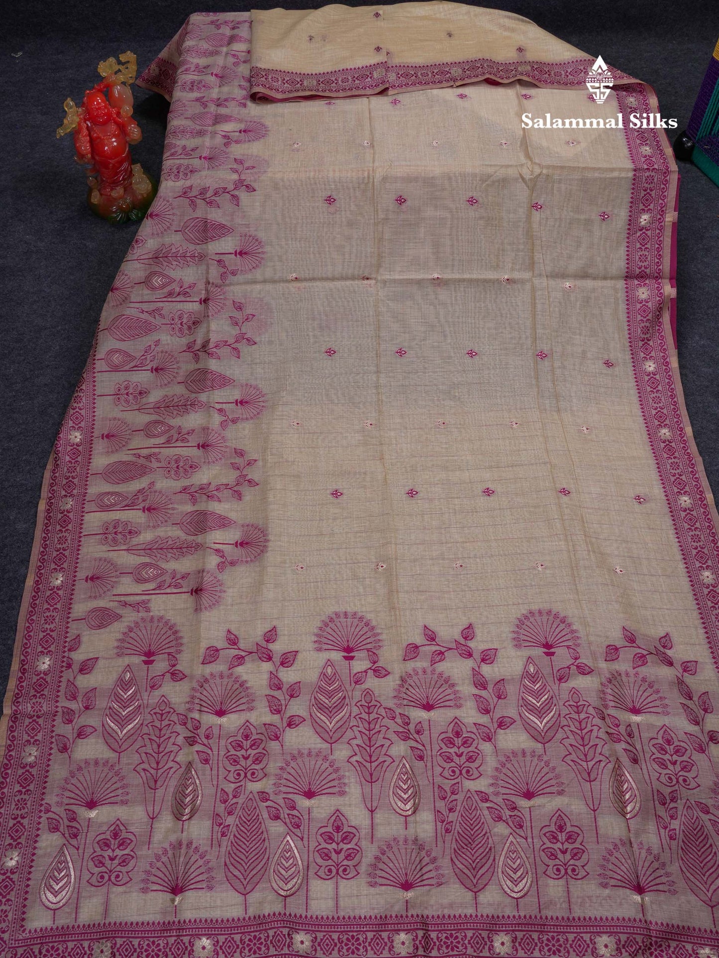Beautiful Cream Sandal Muga Cotton Saree With Contrast Magenta Fancy Border