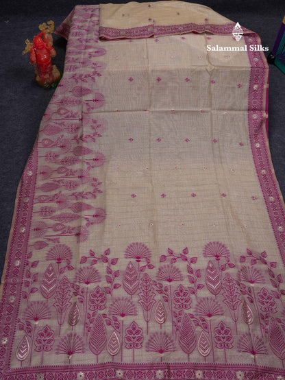 Beautiful Cream Sandal Muga Cotton Saree With Contrast Magenta Fancy Border