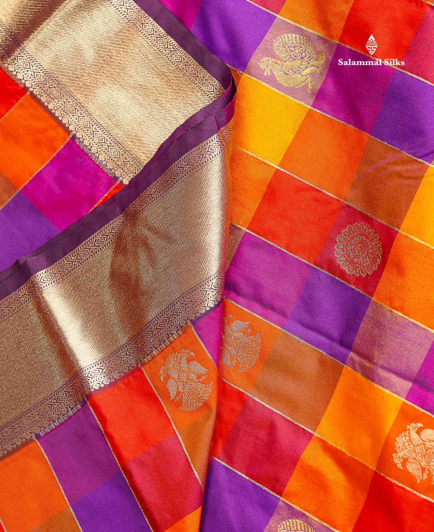 Semi Silk Saree - Paalum Pazham Checks With Traditional Buttas & Dark Purple Border