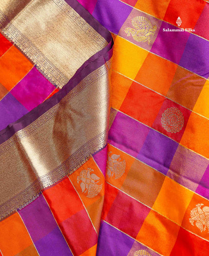 Semi Silk Saree - Paalum Pazham Checks With Traditional Buttas & Dark Purple Border