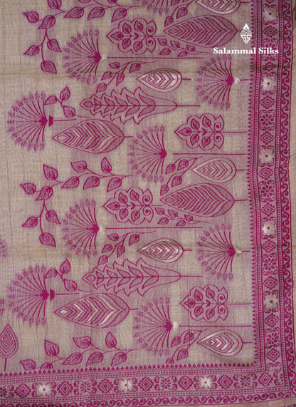 Beautiful Cream Sandal Muga Cotton Saree With Contrast Magenta Fancy Border