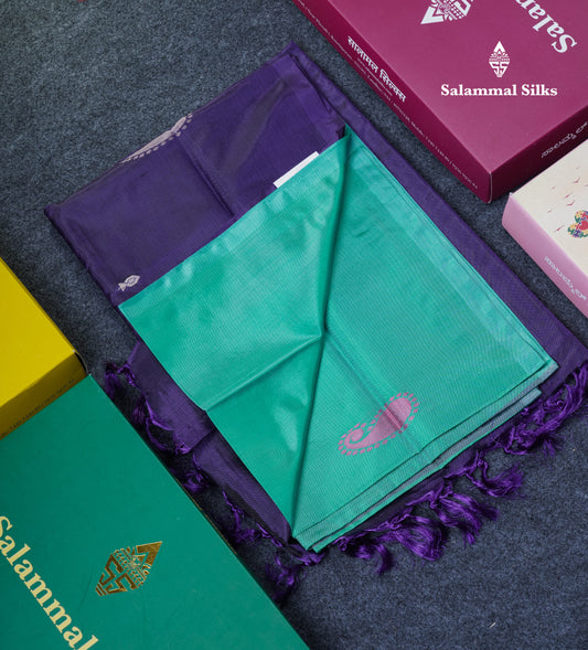 Sapphire Green Thread work Buttas Banana Pinth Saree (Vaazhainaar Pattu) With Contrast Violet Blouse