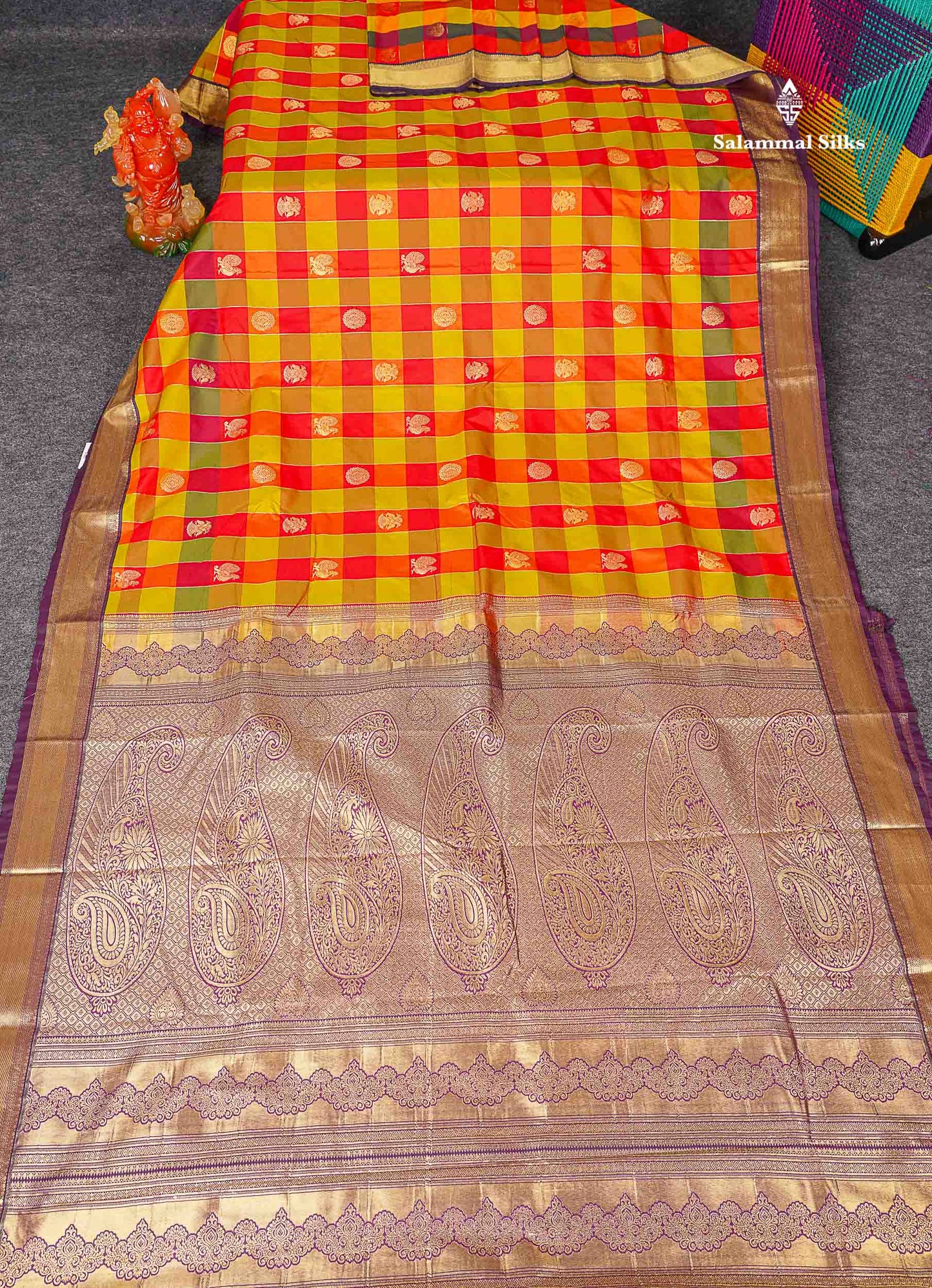 Semi Silk Saree - Paalum Pazham Checks With Traditional Buttas & Dark Purple Border