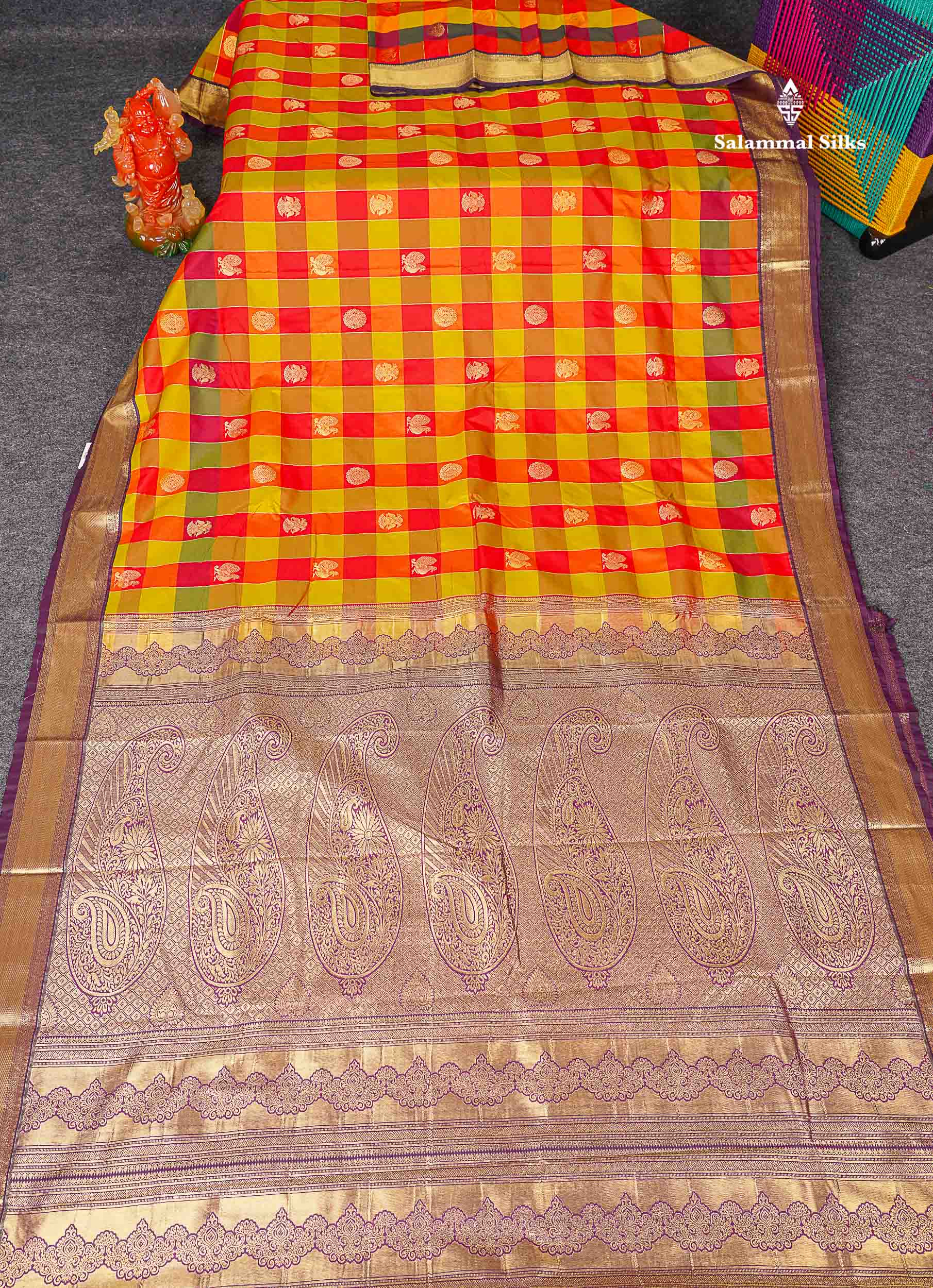 Semi Silk Saree - Paalum Pazham Checks With Traditional Buttas & Dark Purple Border
