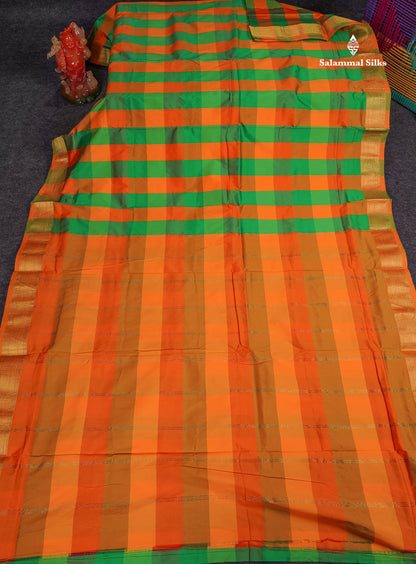 Semi Silk Saree - Paalum Pazham Checks With Traditional Border | 9.5 Yards 