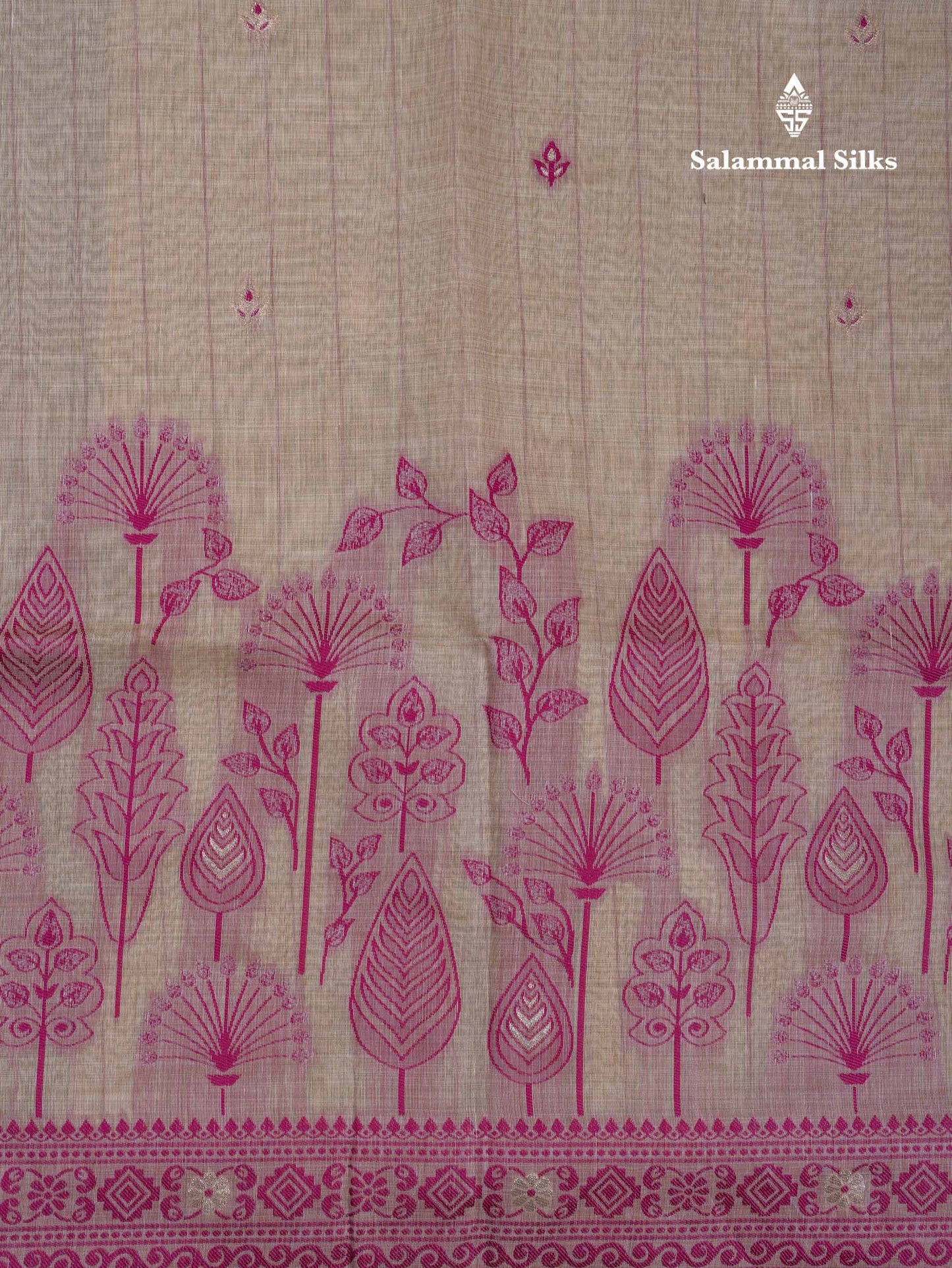 Beautiful Cream Sandal Muga Cotton Saree With Contrast Magenta Fancy Border