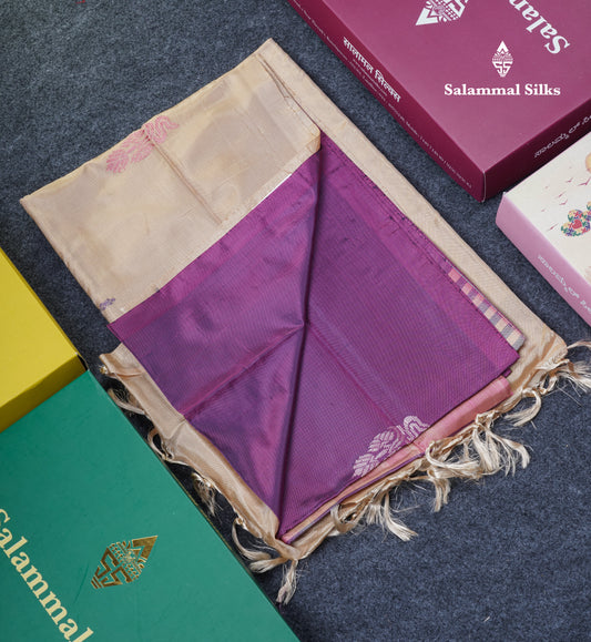 Violet Thread work Buttas Banana Pinth Saree (Vaazhainaar Pattu) With Contrast Sandal Blouse