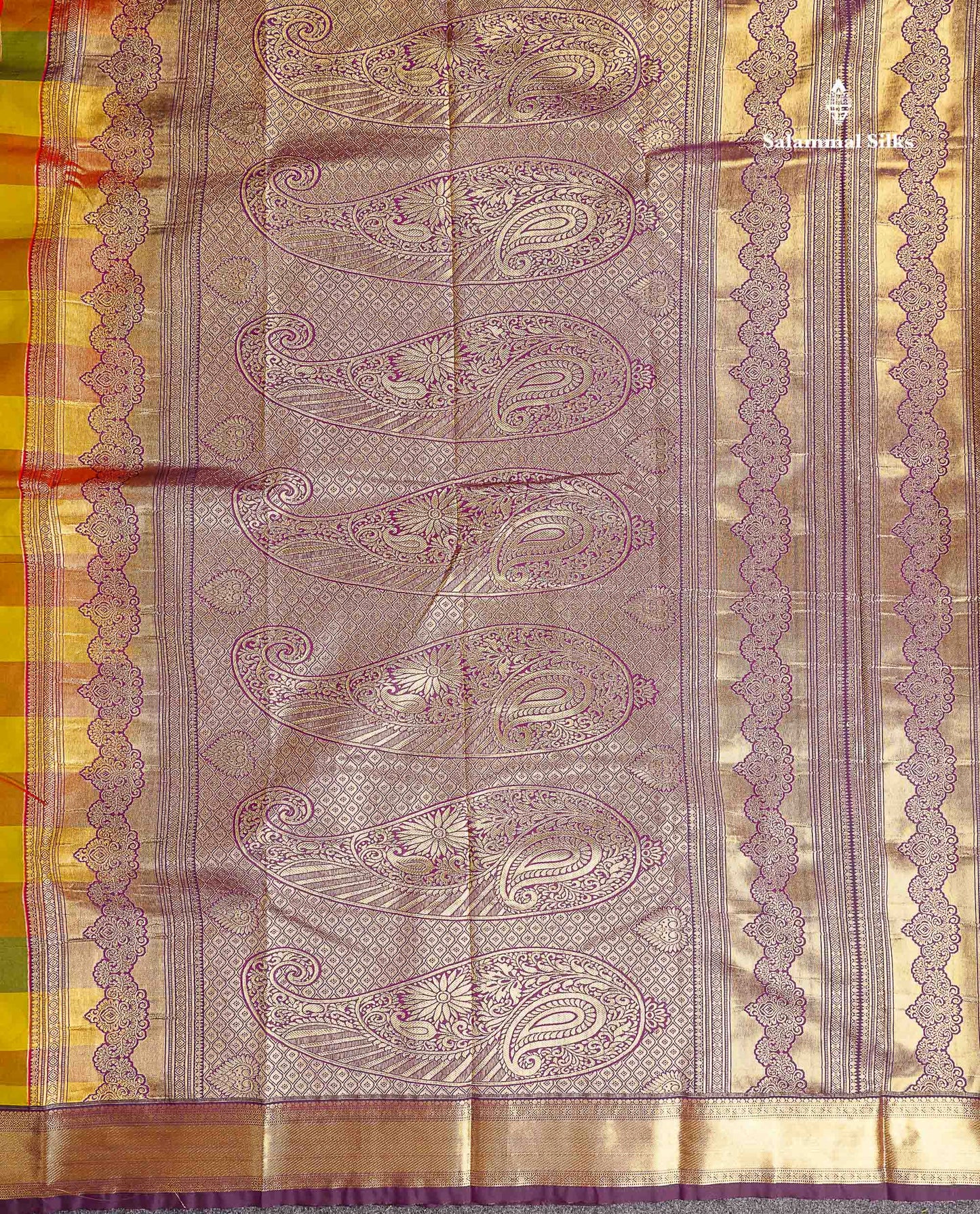Semi Silk Saree - Paalum Pazham Checks With Traditional Buttas & Dark Purple Border