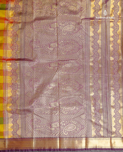 Semi Silk Saree - Paalum Pazham Checks With Traditional Buttas & Dark Purple Border