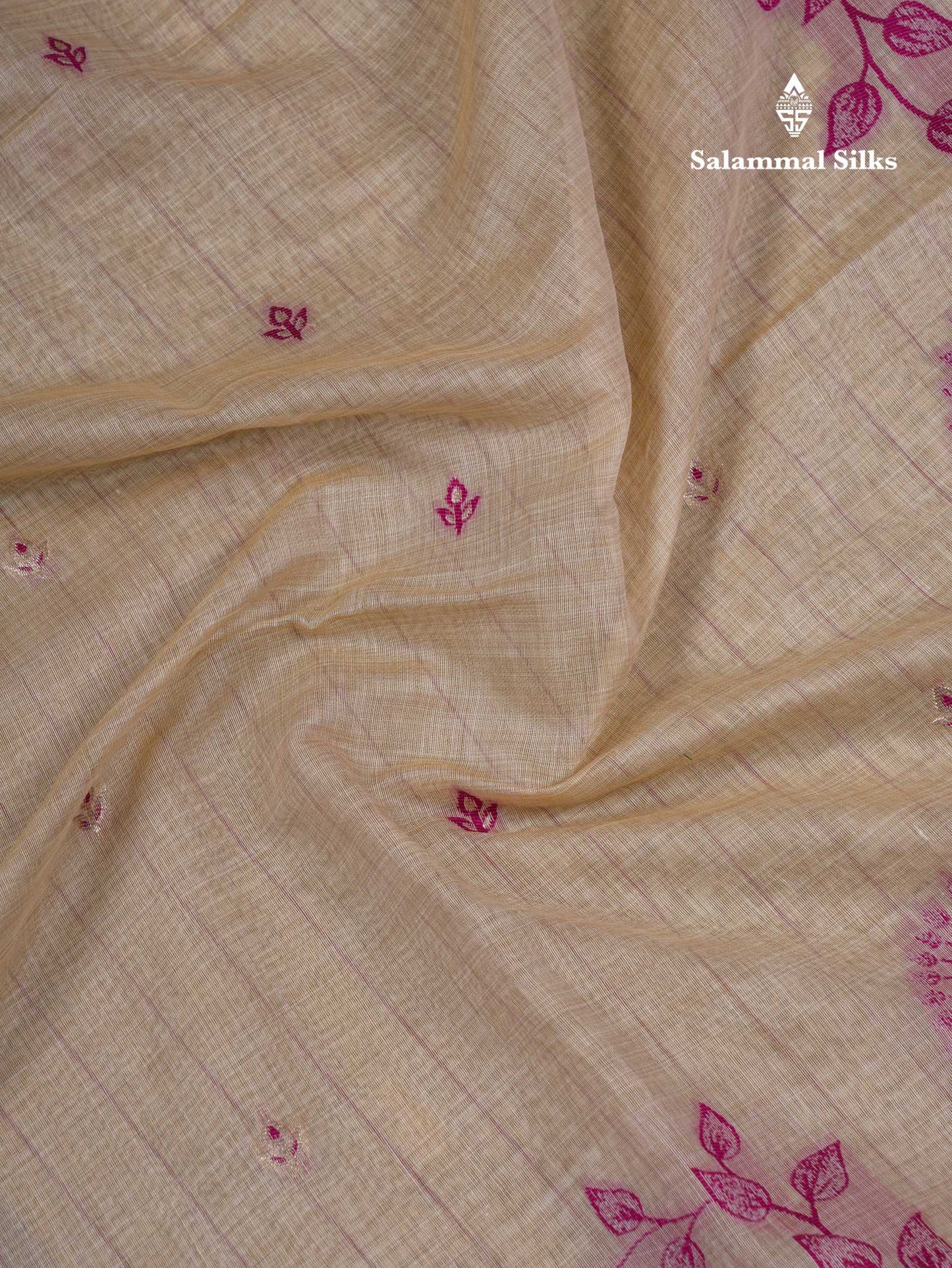 Beautiful Cream Sandal Muga Cotton Saree With Contrast Magenta Fancy Border