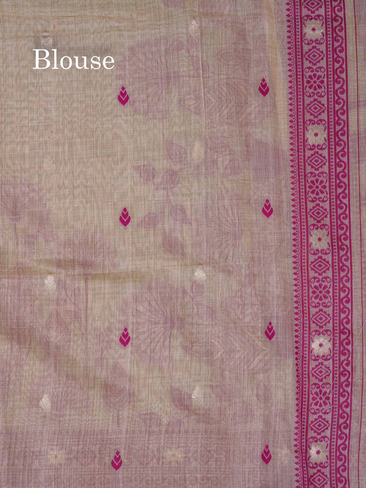 Beautiful Cream Sandal Muga Cotton Saree With Contrast Magenta Fancy Border