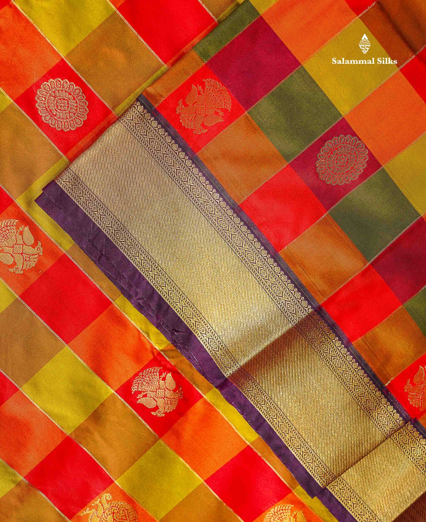 Semi Silk Saree - Paalum Pazham Checks With Traditional Buttas & Dark Purple Border