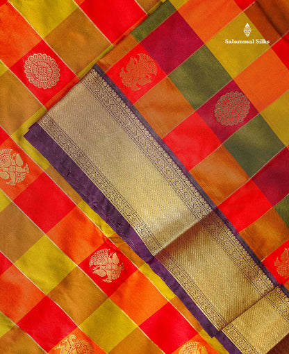 Semi Silk Saree - Paalum Pazham Checks With Traditional Buttas & Dark Purple Border