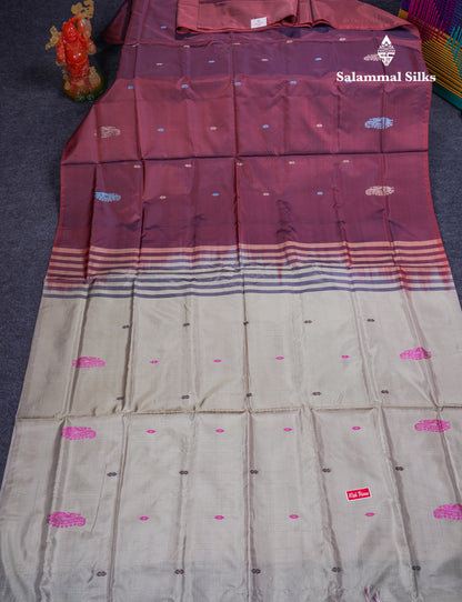 Dark Maroon Thread work Buttas Banana Pinth Saree (Vaazhainaar Pattu) With Contrast Cream White Blouse