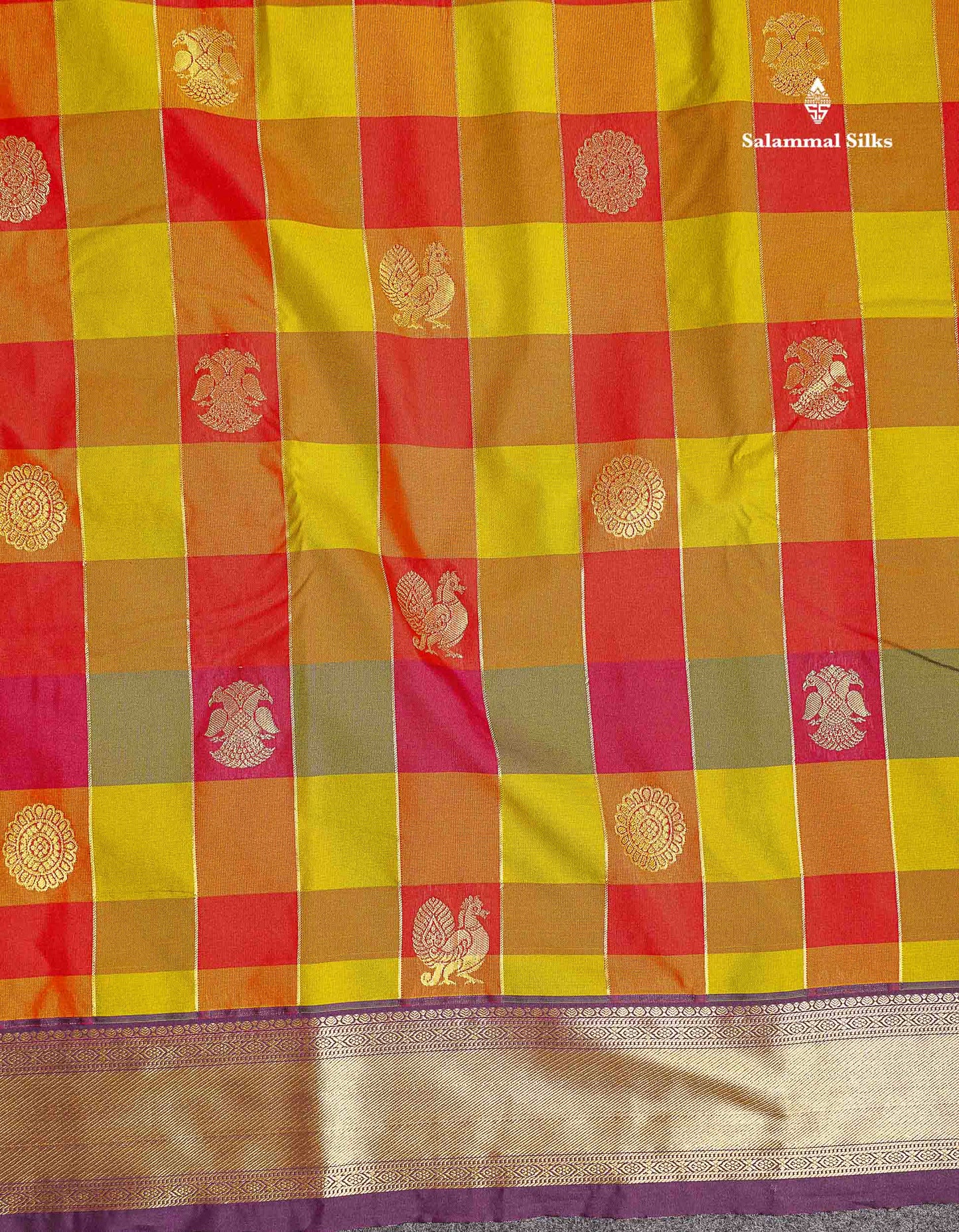 Semi Silk Saree - Paalum Pazham Checks With Traditional Buttas & Dark Purple Border