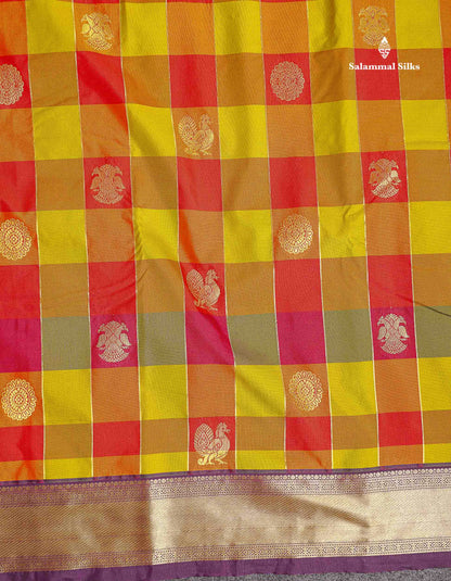 Semi Silk Saree - Paalum Pazham Checks With Traditional Buttas & Dark Purple Border
