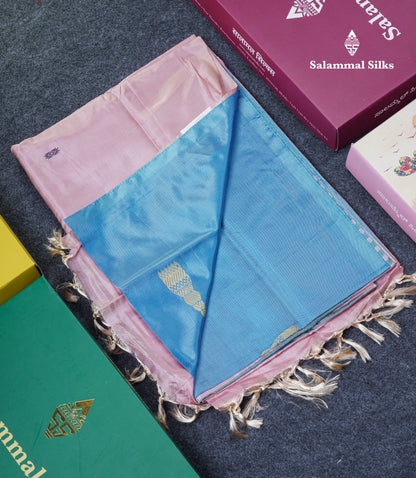 Light Ramar Blue Thread work Buttas Banana Pinth Saree (Vaazhainaar Pattu) With Contrast Baby Pink Blouse