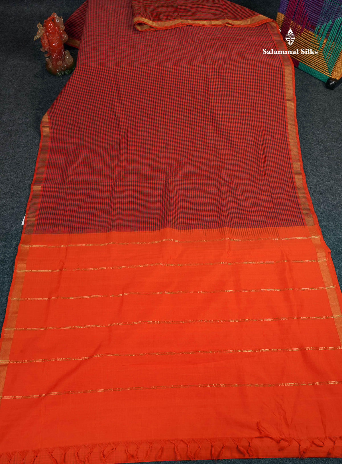 Semi Silk Cotton Saree - Dark Purple & Orange Colour Body With Tiny Checks & Small Ribbon Border 