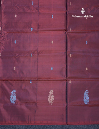 Dark Maroon Thread work Buttas Banana Pinth Saree (Vaazhainaar Pattu) With Contrast Cream White Blouse