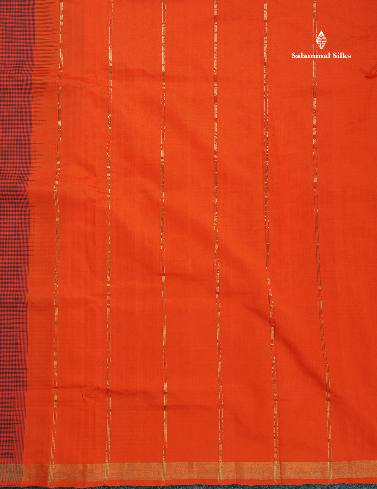Semi Silk Cotton Saree - Dark Purple & Orange Colour Body With Tiny Checks & Small Ribbon Border
