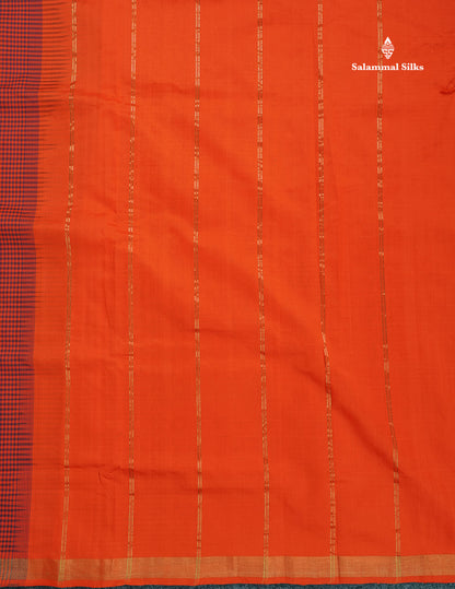 Semi Silk Cotton Saree - Dark Purple & Orange Colour Body With Tiny Checks & Small Ribbon Border