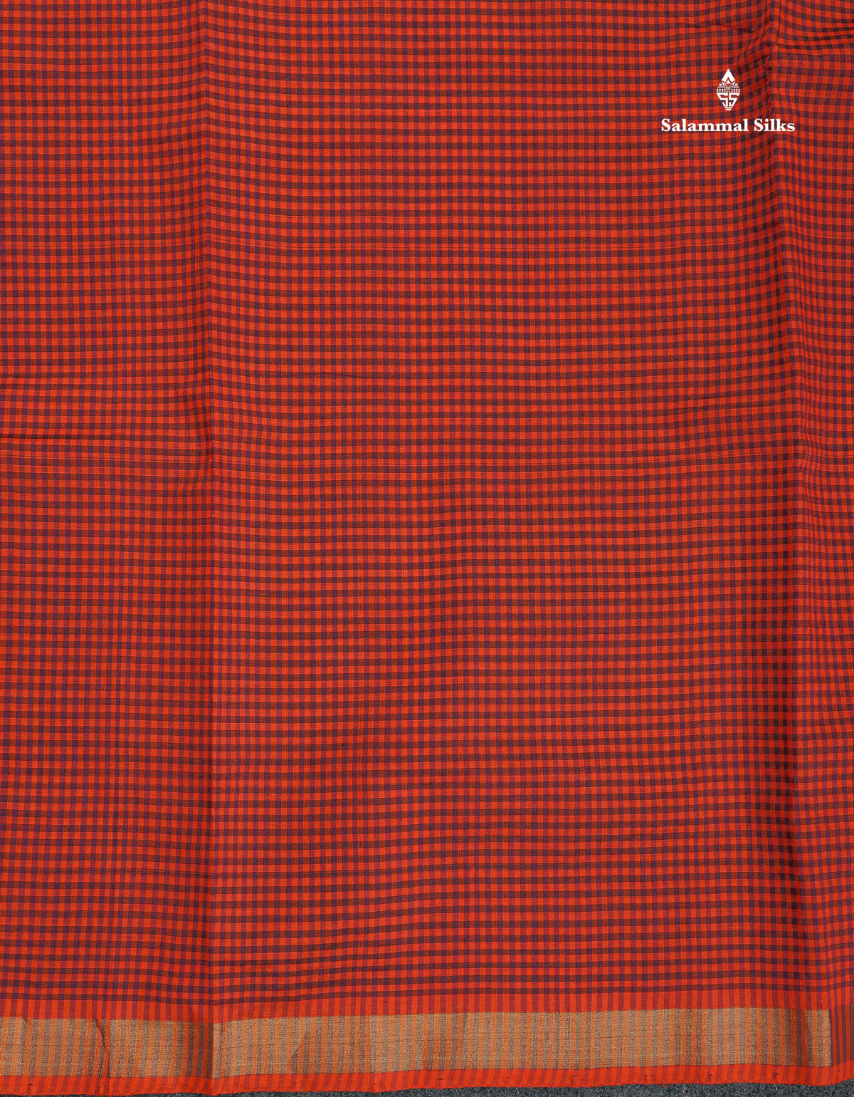 Semi Silk Cotton Saree - Dark Purple & Orange Colour Body With Tiny Checks & Small Ribbon Border