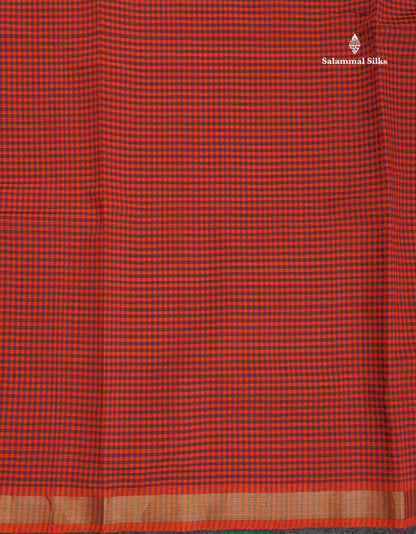 Semi Silk Cotton Saree - Dark Purple & Orange Colour Body With Tiny Checks & Small Ribbon Border