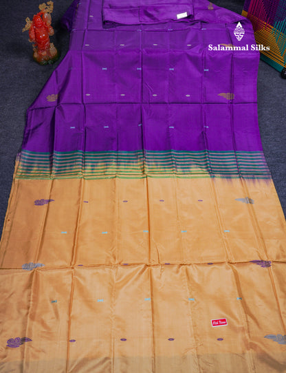 Violet Thread work Buttas Banana Pinth Saree (Vaazhainaar Pattu) With Contrast Sandal Blouse