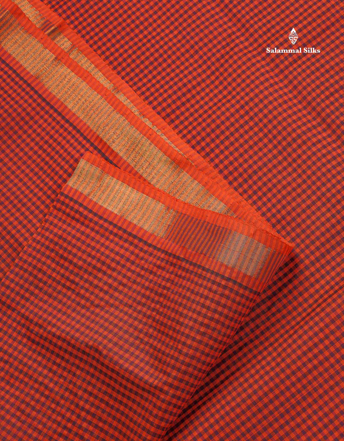 Semi Silk Cotton Saree - Dark Purple & Orange Colour Body With Tiny Checks & Small Ribbon Border