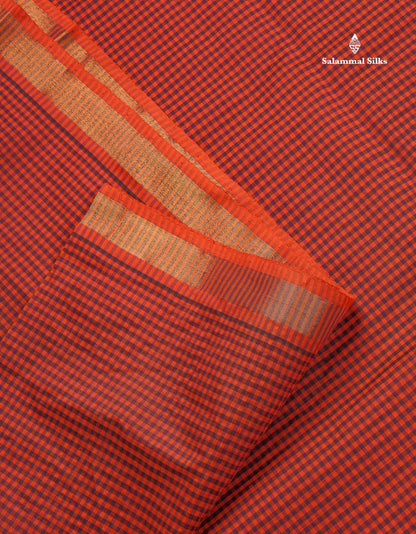 Semi Silk Cotton Saree - Dark Purple & Orange Colour Body With Tiny Checks & Small Ribbon Border