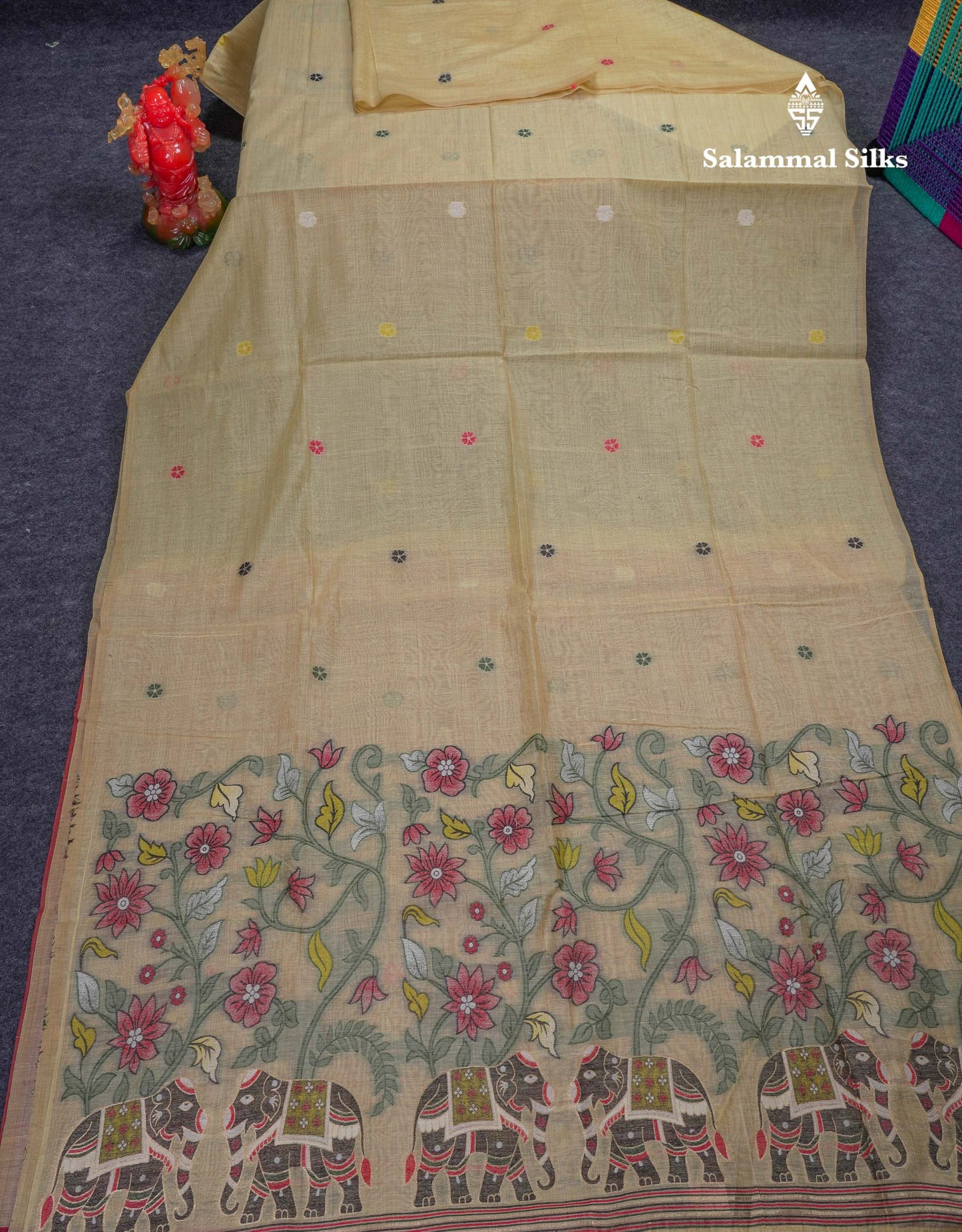 Beautiful Cream Sandal Thread Work Buttas Muga Cotton Saree With Contrast Red Blouse