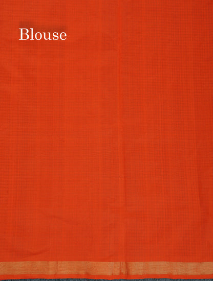 Semi Silk Cotton Saree - Dark Purple & Orange Colour Body With Tiny Checks & Small Ribbon Border