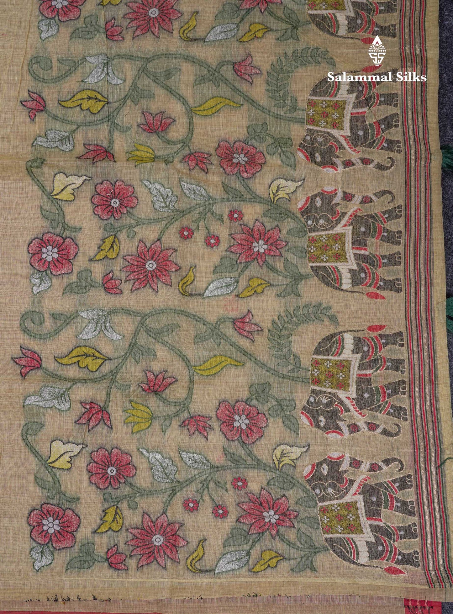 Beautiful Cream Sandal Thread Work Buttas Muga Cotton Saree With Contrast Red Blouse