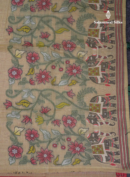 Beautiful Cream Sandal Thread Work Buttas Muga Cotton Saree With Contrast Red Blouse