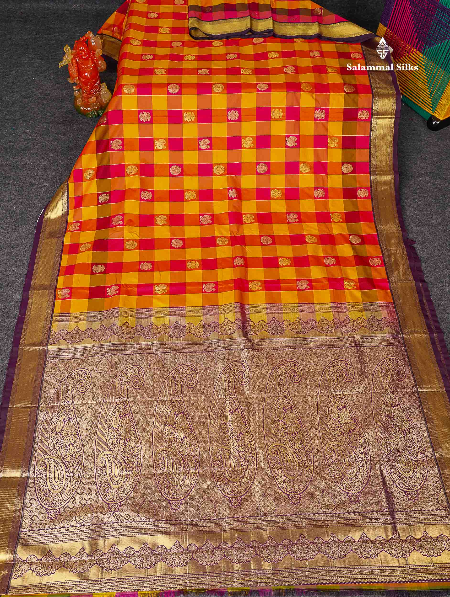 Semi Silk Saree - Paalum Pazham Checks With Traditional Buttas & Dark Purple Border