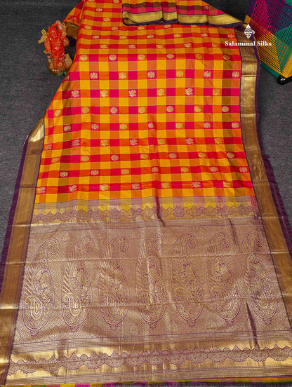 Semi Silk Saree - Paalum Pazham Checks With Traditional Buttas & Dark Purple Border