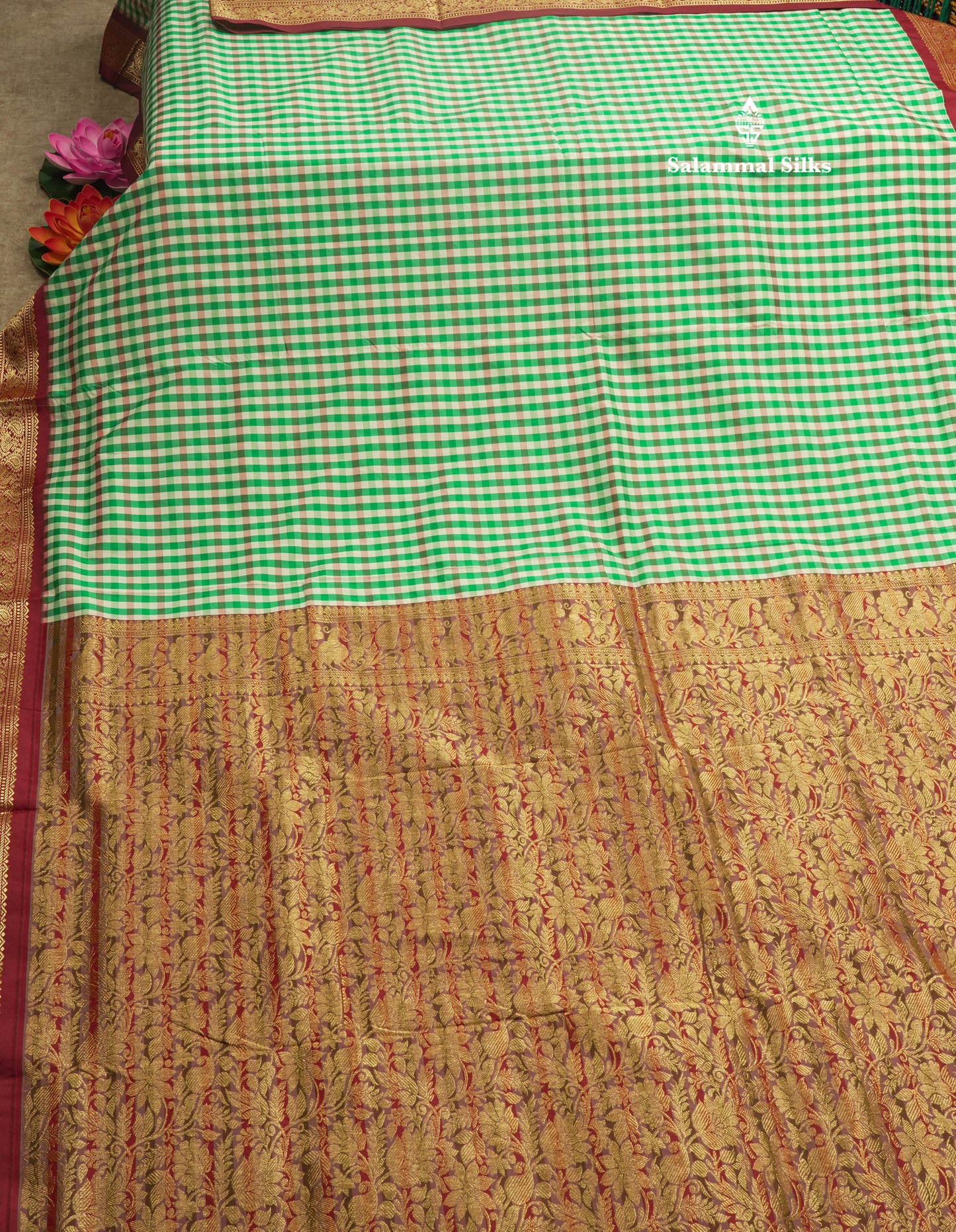 9.5 Yards Semi Silk Saree Multicolour Checks with Maroon Border