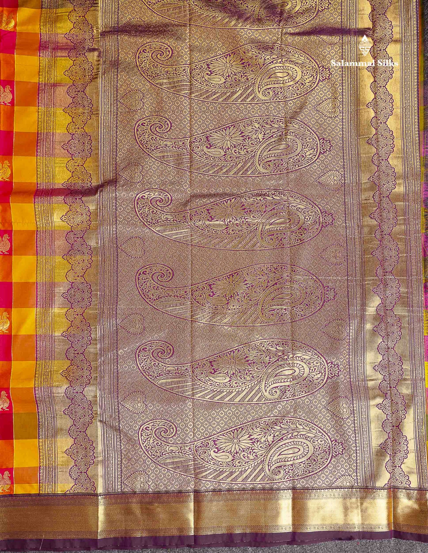 Semi Silk Saree - Paalum Pazham Checks With Traditional Buttas & Dark Purple Border